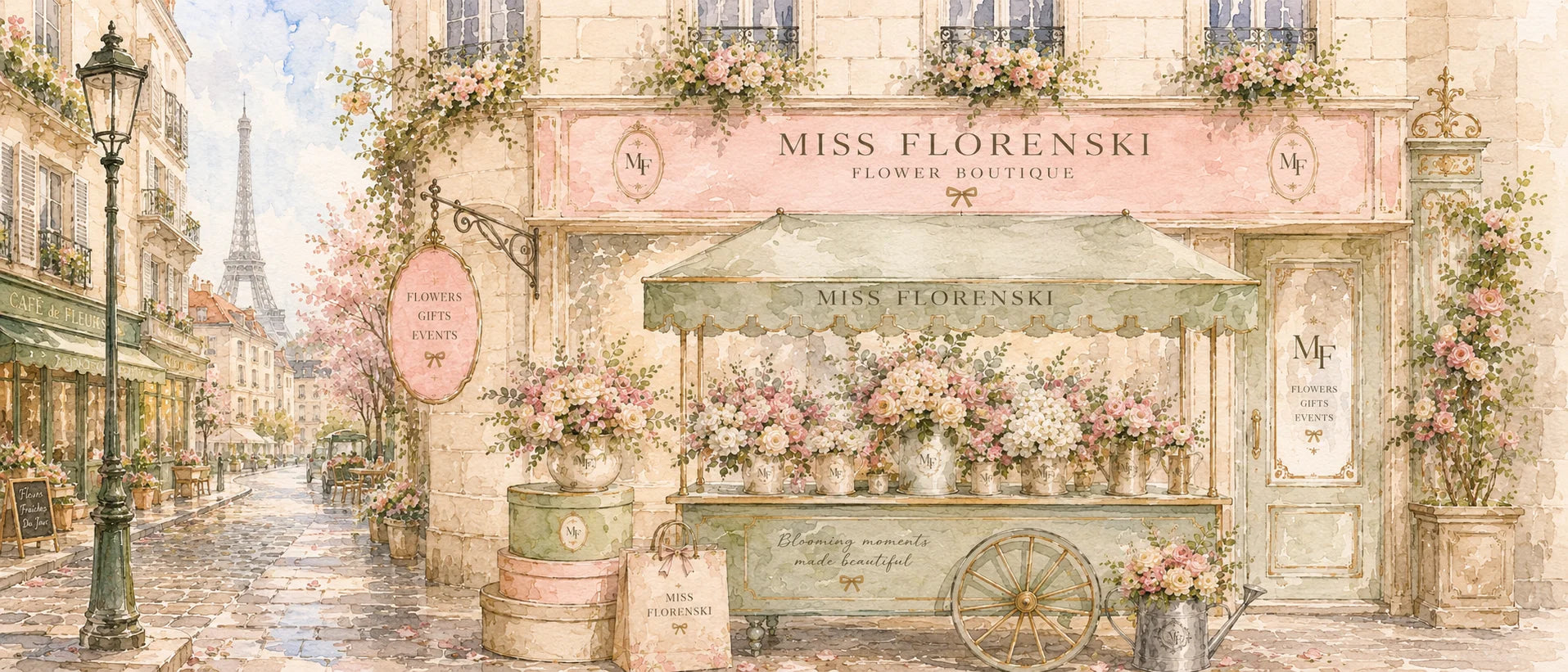 Miss Florenski flower boutique illustrated storefront on a Parisian street with Eiffel Tower, luxury florist Dubai