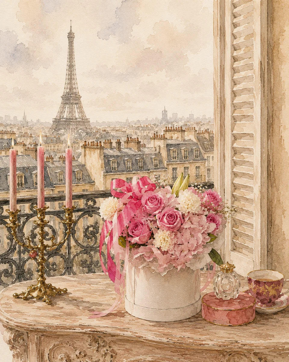 Pink roses and hydrangeas in a white hat box on a Parisian balcony with Eiffel Tower view, Miss Florenski Dubai