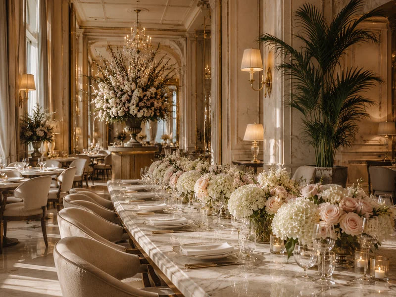 Luxury restaurant florals by Miss Florenski Dubai — Parisian floral design for hotels and restaurants